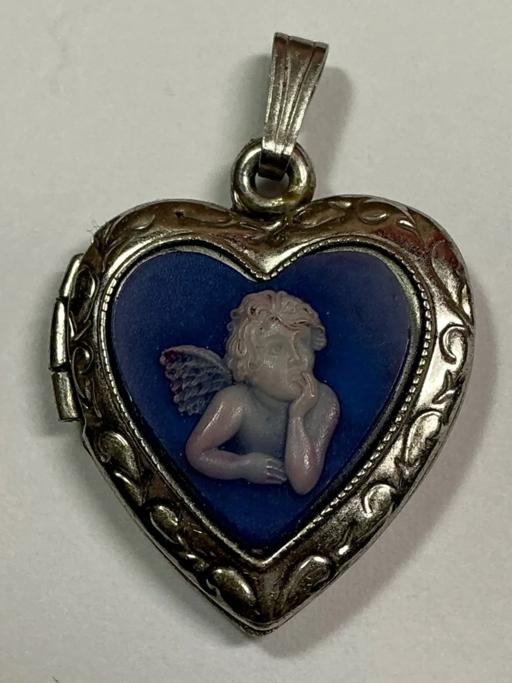 Vintage Sterling Silver Angel Blue Cameo Locket. 1.25 inches long